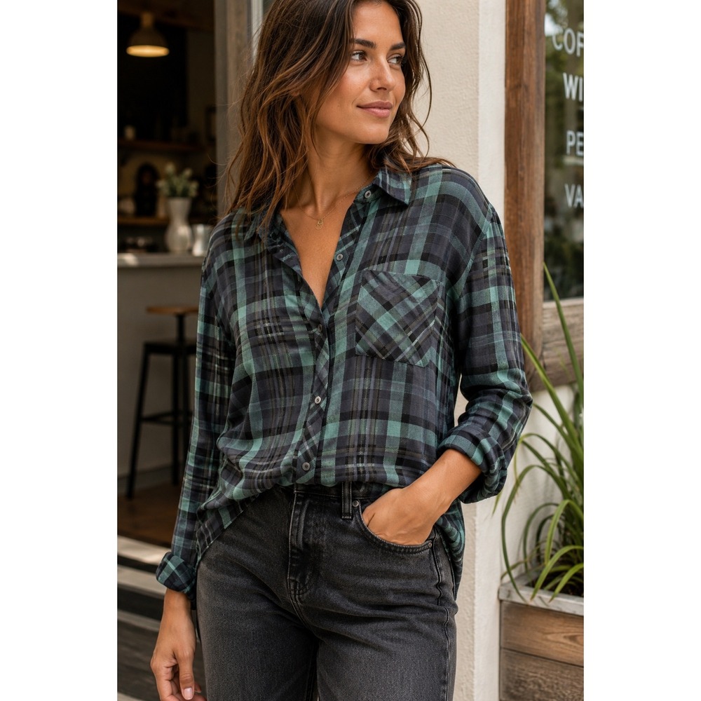 Rails Hunter Plaid Shirt Smoke Agave Black Herringbone Rayon Button Down S